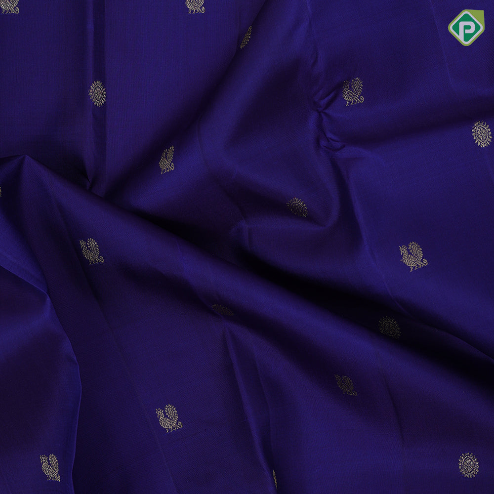 Indigo blue gold zari mayil chakkaram butta design self gold zari flower motif edge border traditional silk saree