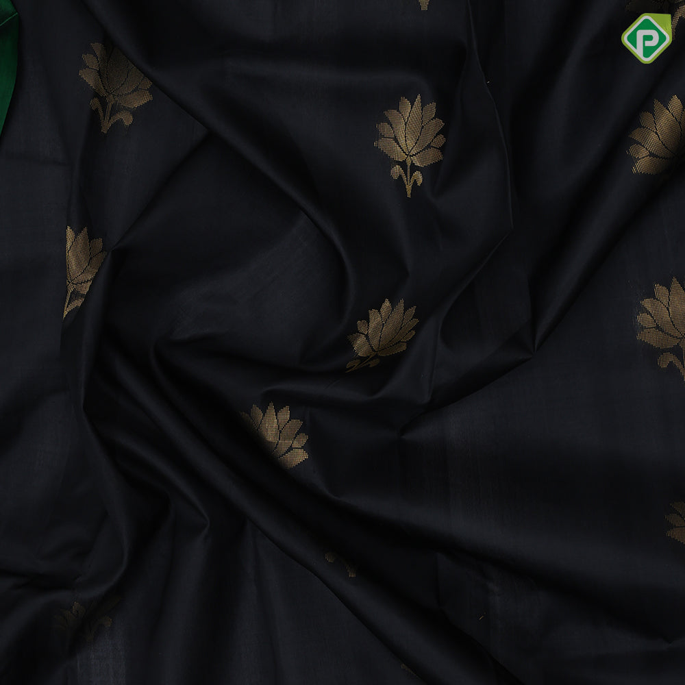 Black with gold zari lotus butta design contrast green gold zari fancy tree border soft silk saree