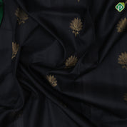 Black with gold zari lotus butta design contrast green gold zari fancy tree border soft silk saree