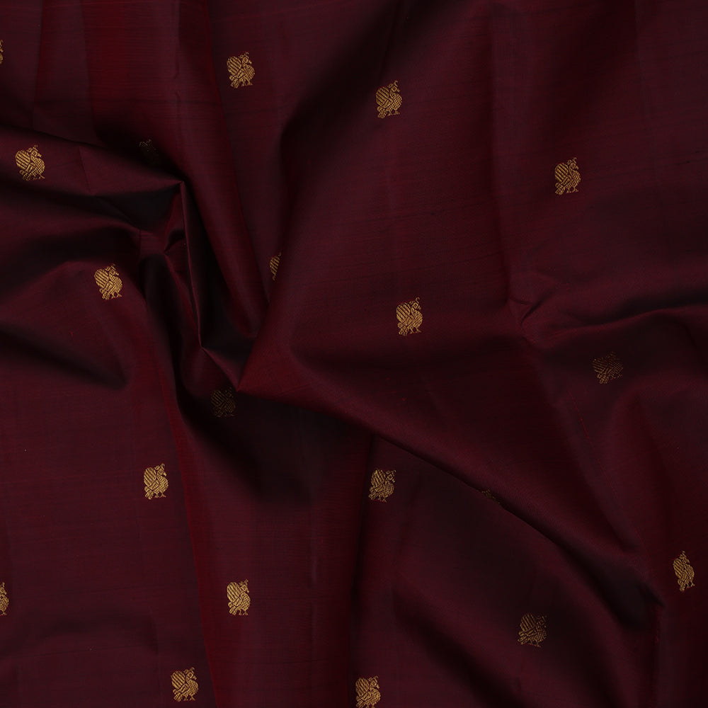 Dark Maroon Gold Zari Peacock Butta Design Self Colour Double Line Border Design Traditional Silk Saree