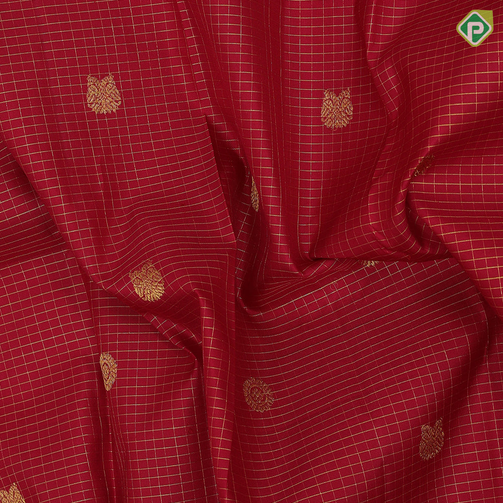 Maroon red gold zari vairaoosi kattam butta motifs design self gold zari peacock round butta lines retta pett border koorai silk saree