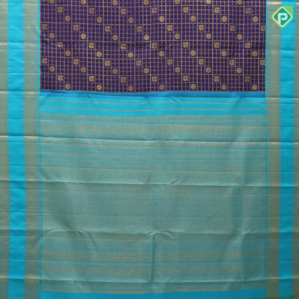 Dark blue gold zari peacock chakram butta checks design peacock green gold zari retta pattai border bridal silk saree