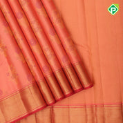 peach pink gold zari meena work butta design Red gold zari cross lines border bridal silk saree