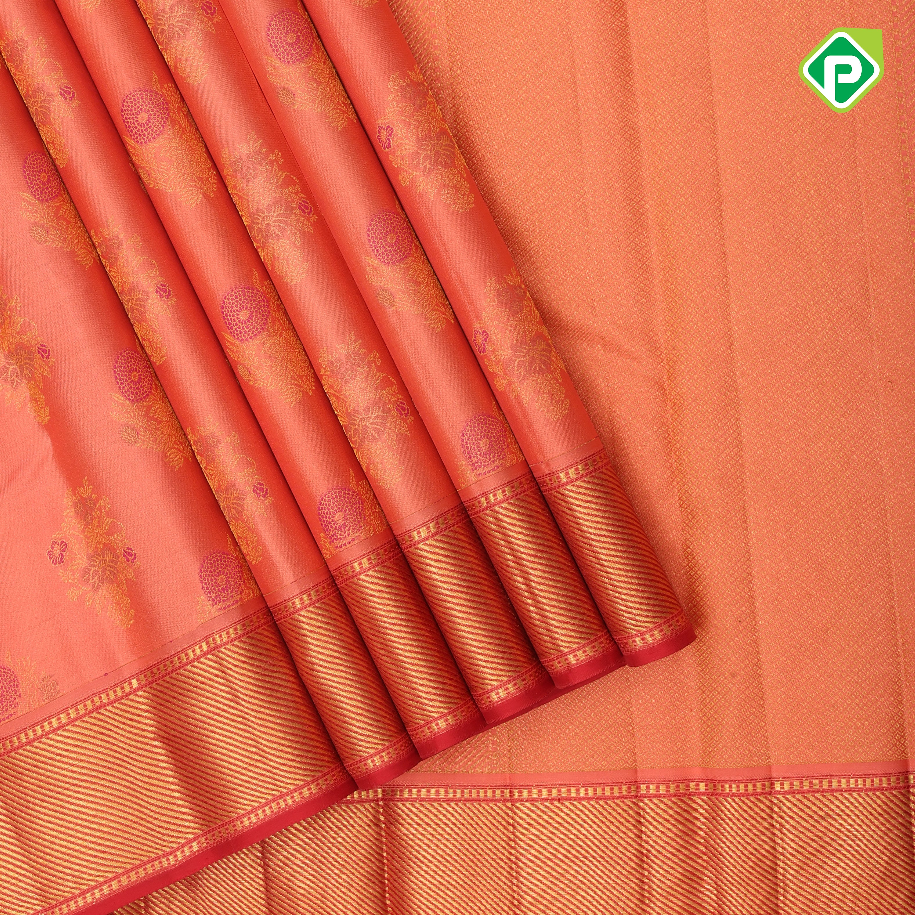 peach pink gold zari meena work butta design Red gold zari cross lines border bridal silk saree