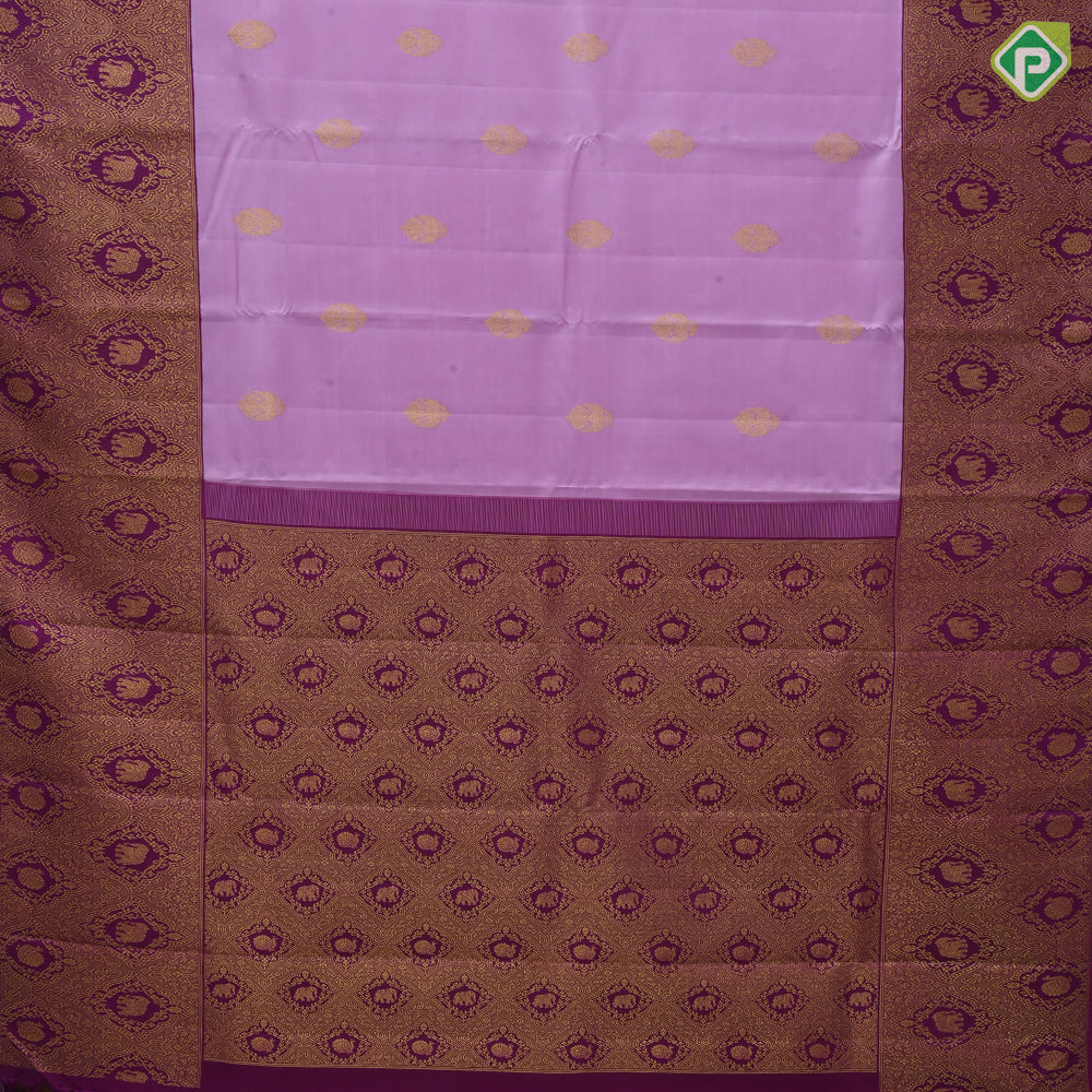 Lavender pink gold zari kandapiranda butta design purple gold zari peacock elephant butta banaras style border Fusion silk saree