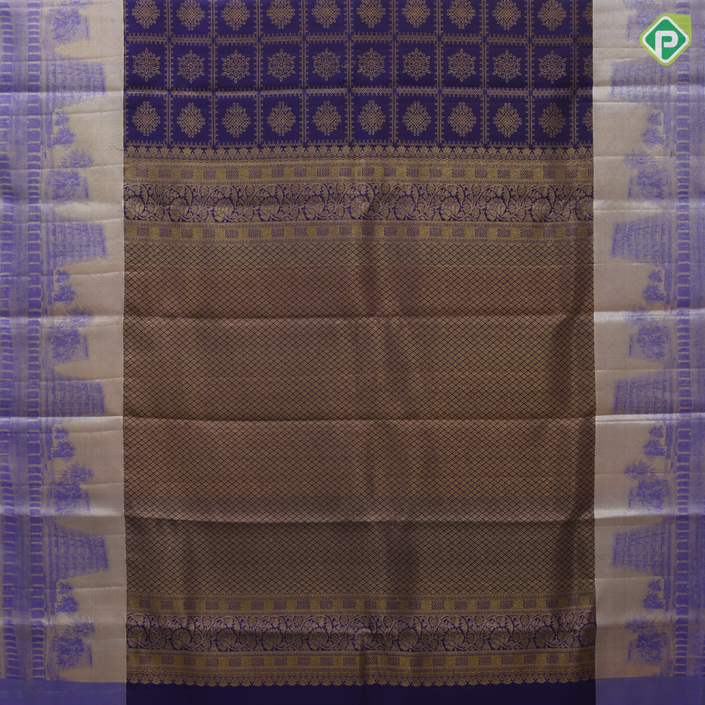 Berry blue gold zari rangoli checks blueish grey temple view border trendy designer silk saree