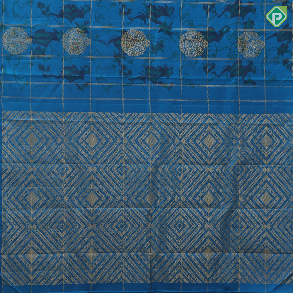 peacock blue self designed round butta and checks ikkat design borderless ikkat fusion silk saree