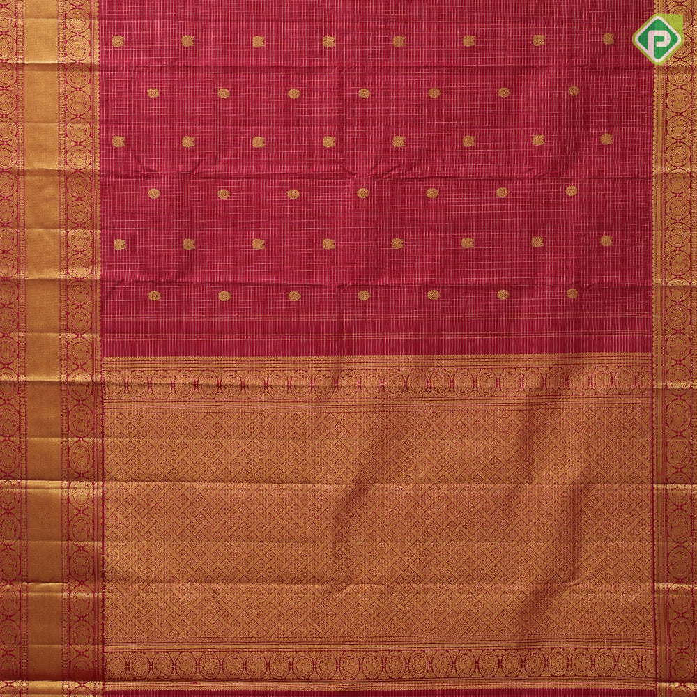 Maroon red gold zari vairaoosi kattam butta motifs design self gold zari peacock round butta lines retta pett border koorai silk saree