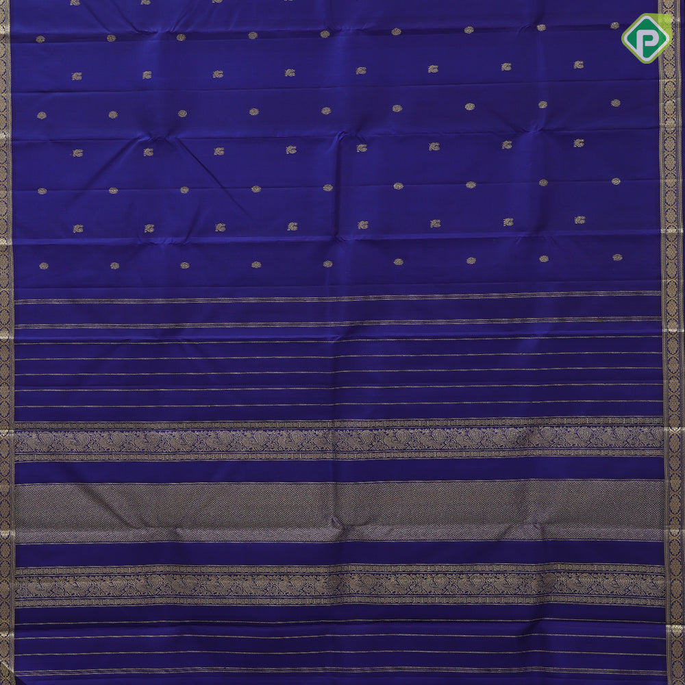 Indigo blue gold zari mayil chakkaram butta design self gold zari flower motif edge border traditional silk saree