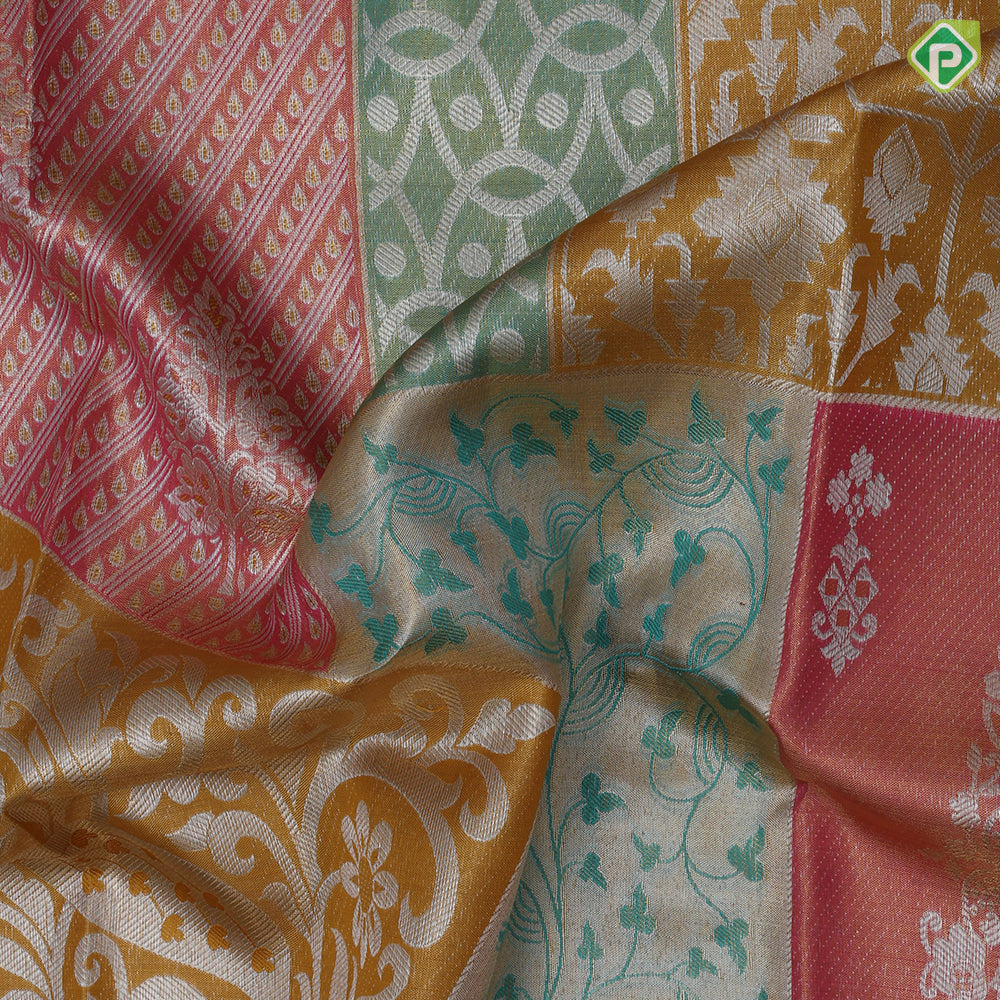 Multi color silver zari by zari multi designed shapes Mustard gold zari mayilkan diamond border exclusive bridal silk saree