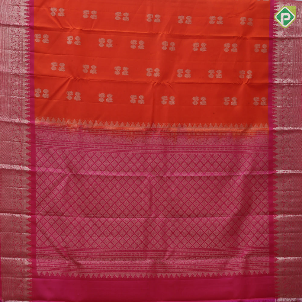 Fanta orange silver gold zari rudraksham annam butta baby pink silver gold zari temple border pure mix silk saree