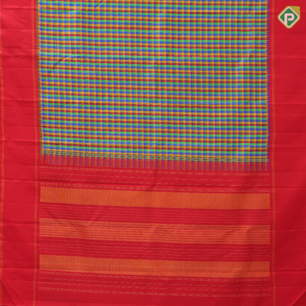 Micro multi color checks red gold zari temple rack border paalum pazhamum kattam traditional silk saree