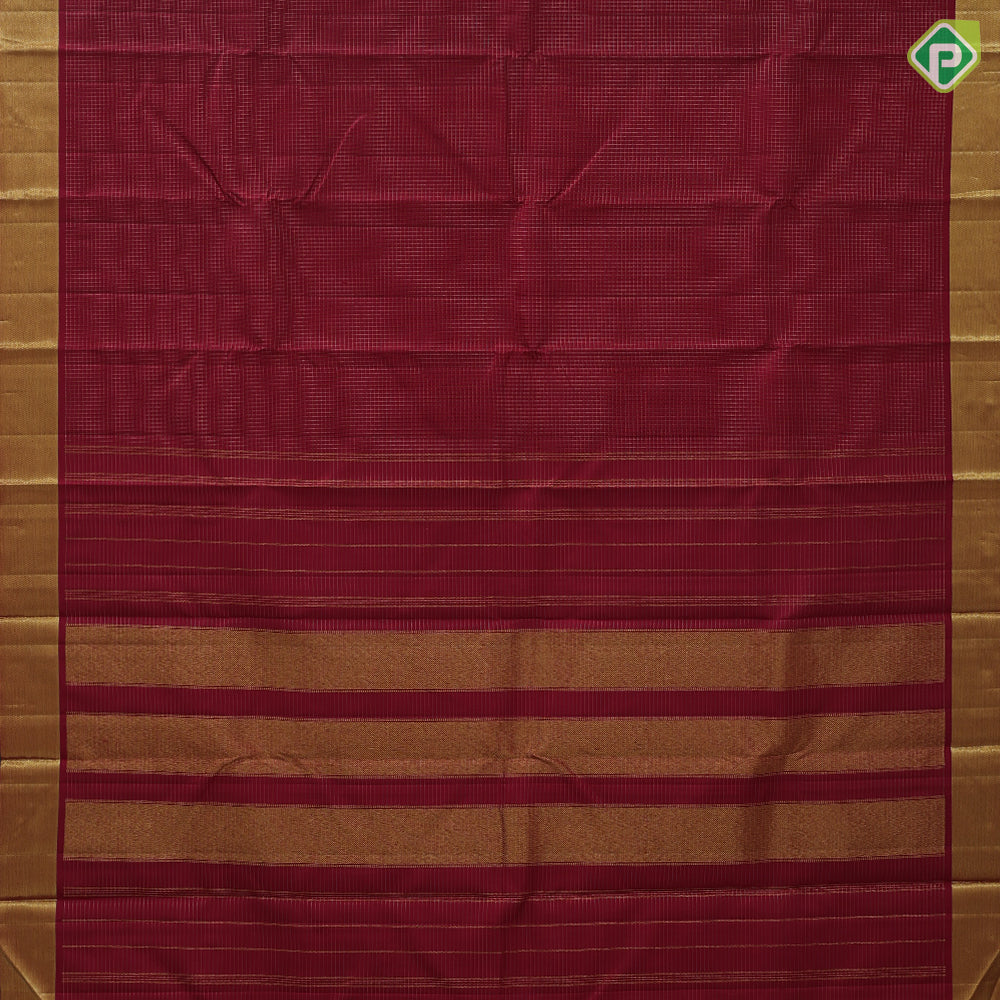 Maroon gold zari checks design self gold zari bavanji green edge border koorai pattu saree