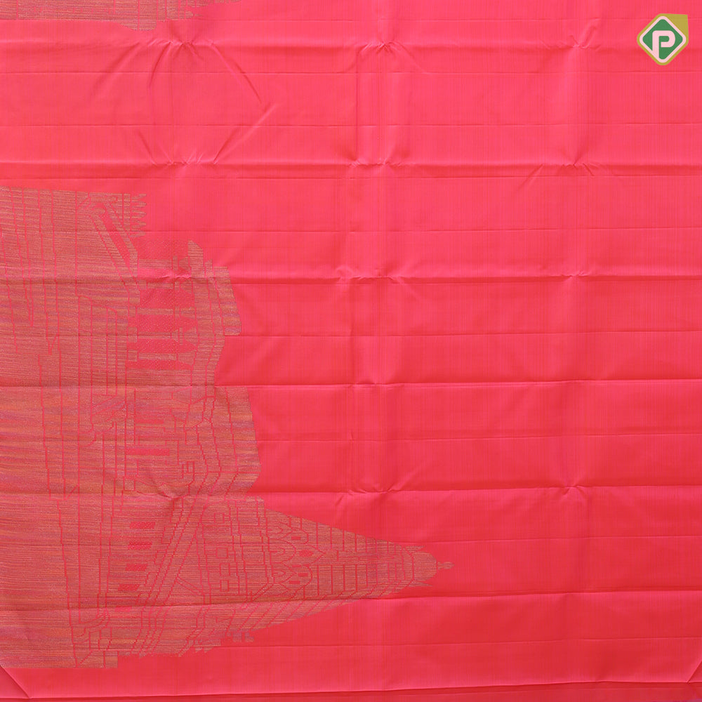orangish pink silk thread grains design multi color temple tower weaved border signature silk saree