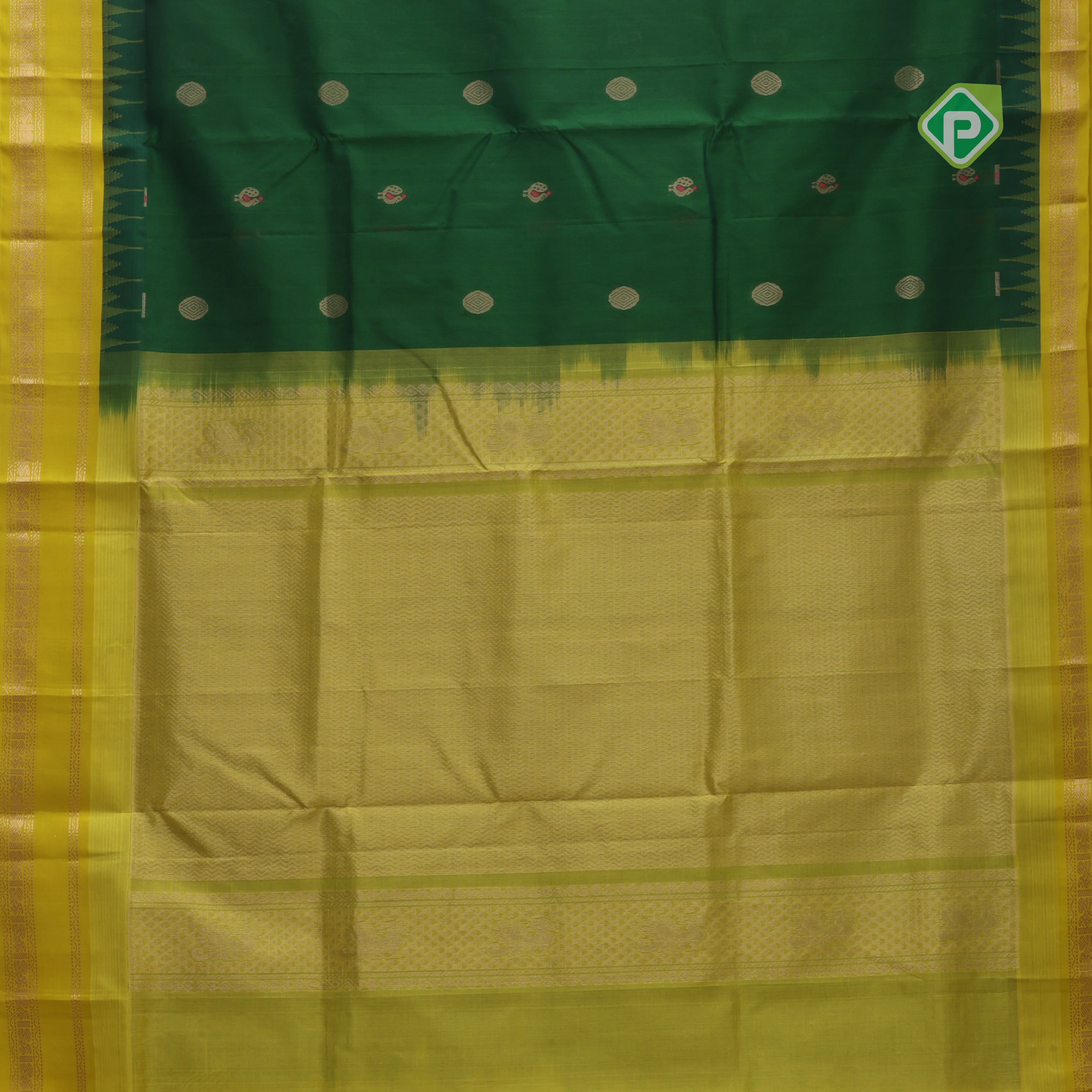 bottle green with zari butta meena work lemon yellow gold zari border kuppadam silk cotton saree
