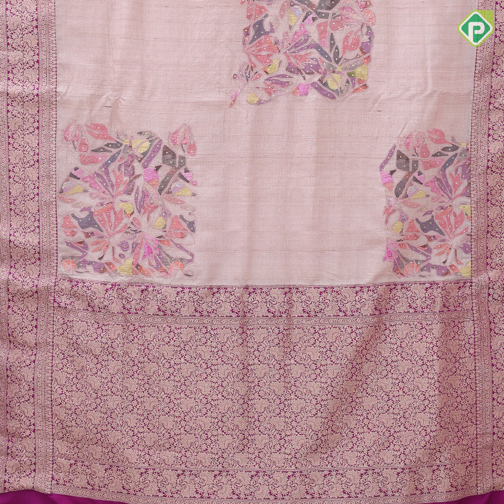 Tusser pink multi color embroidered design purple gold zari banaras style border pallu tusser silk saree