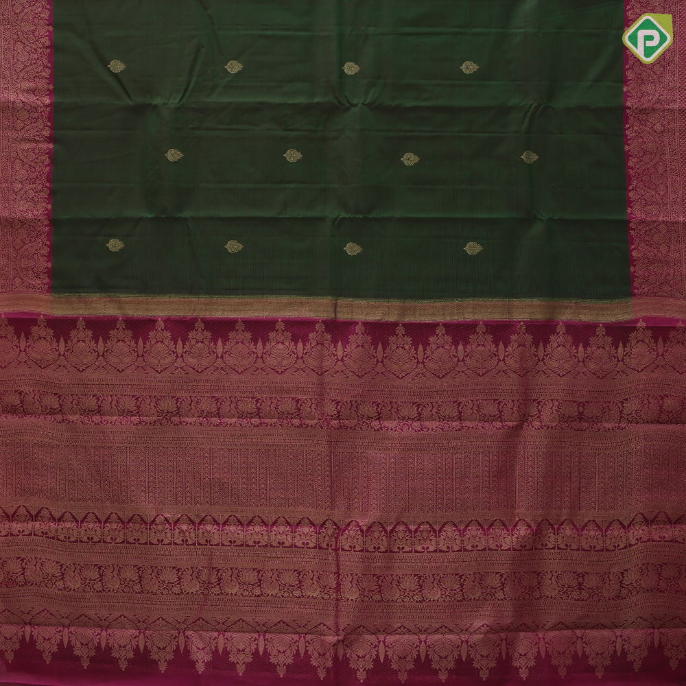 Emarald green gold zari leaf butta motif purple gold zari peacock banaras style design border gift silk saree