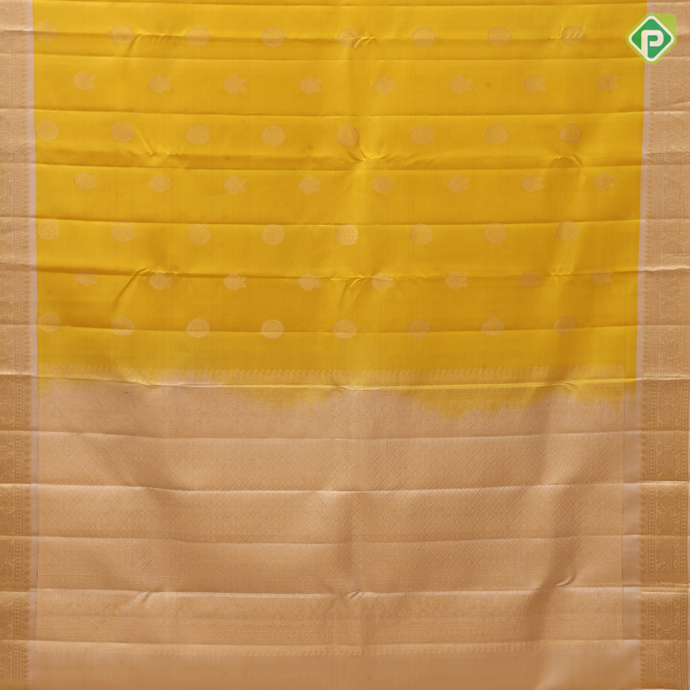 Lemon Yellow Gold Zari Gandaberunda Chagaram Butta Design Cream Colour Peacock Ruthracham Border Design Pure Mix Silk Saree