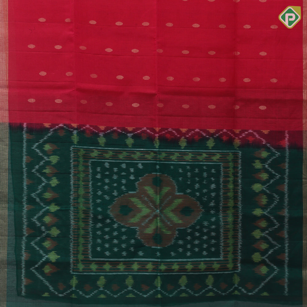 Tomato red gold zari chakkaram butta motifs self gold zari border contrast ikkat design pallu linen soft silk saree