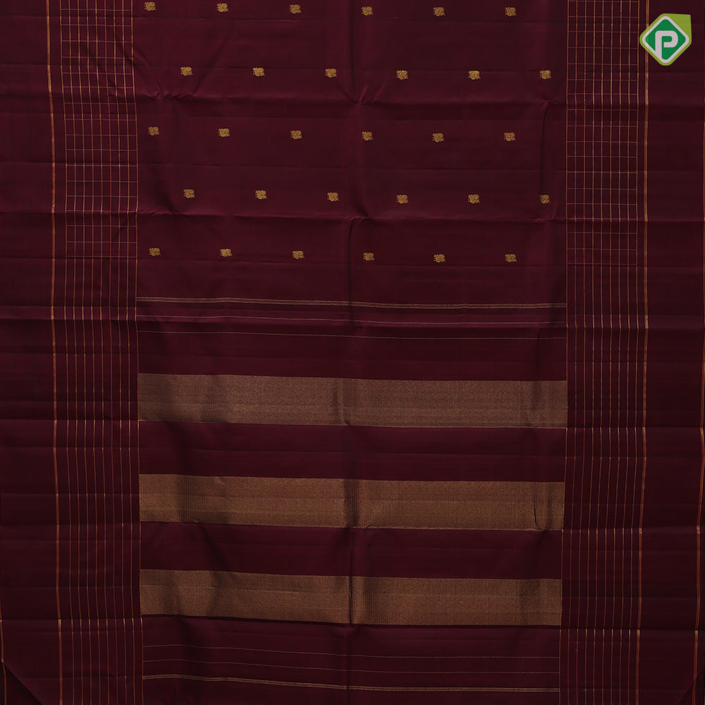 Dark Maroon Gold Zari Peacock Butta Design Self Colour Double Line Border Design Traditional Silk Saree