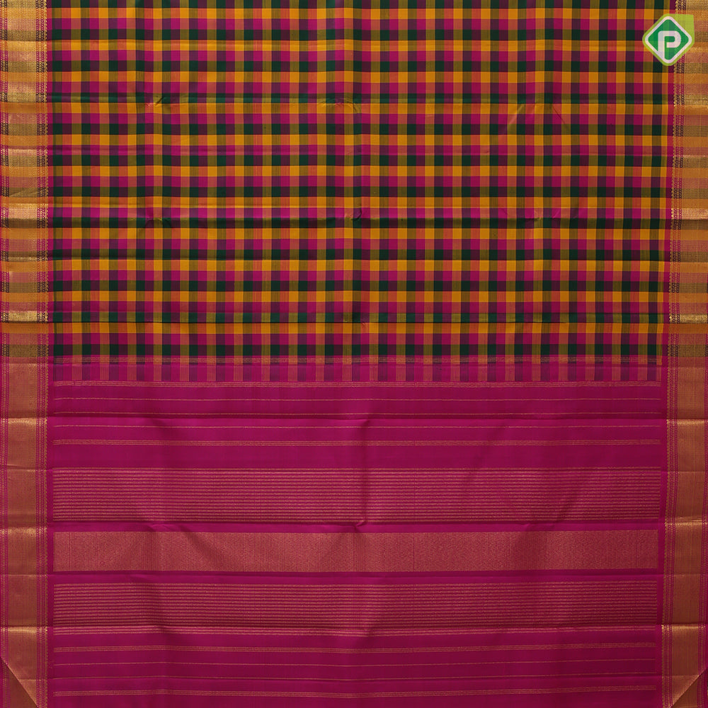 Multi colour paalum pazhamum checkered design self gold zari zig zag border traditional vintage silk saree