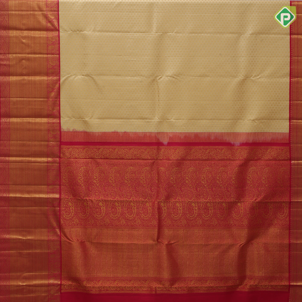 Sandal color gold zari thousand butta design contrast red gold zari diamond design peacock border traditional silk saree