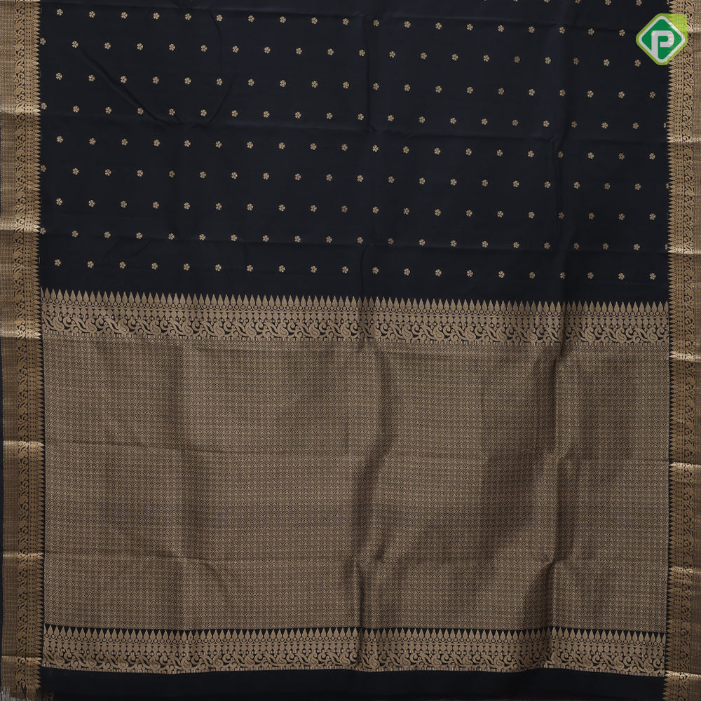 Black Colour Gold Zari Small Flower Butta Design Self Colour Mango Mayilkan Border Design Luxury Black Silk Saree