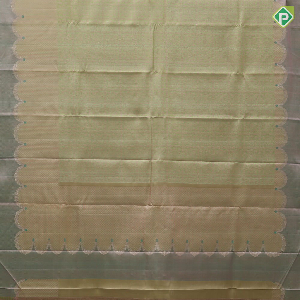 peach with parrot green sustainable mose design self with gold zari turning green edge border trendy designer silk saree