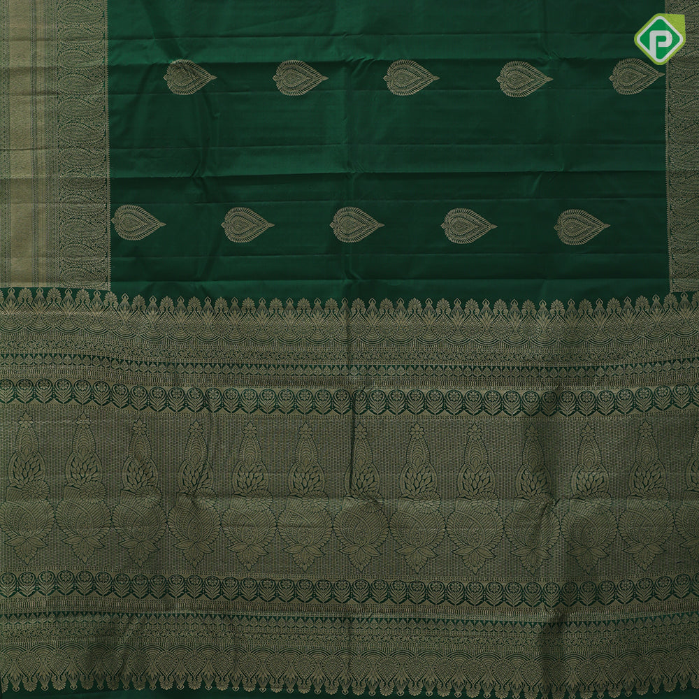 Bottle green gold zari leaf design self gold zari mango butta border gift silk saree