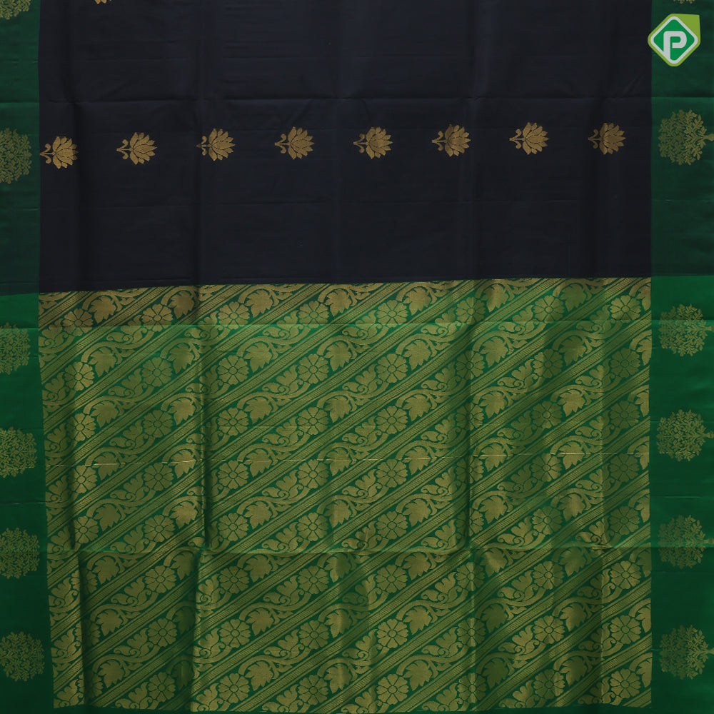 Black with gold zari lotus butta design contrast green gold zari fancy tree border soft silk saree