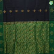 Black with gold zari lotus butta design contrast green gold zari fancy tree border soft silk saree
