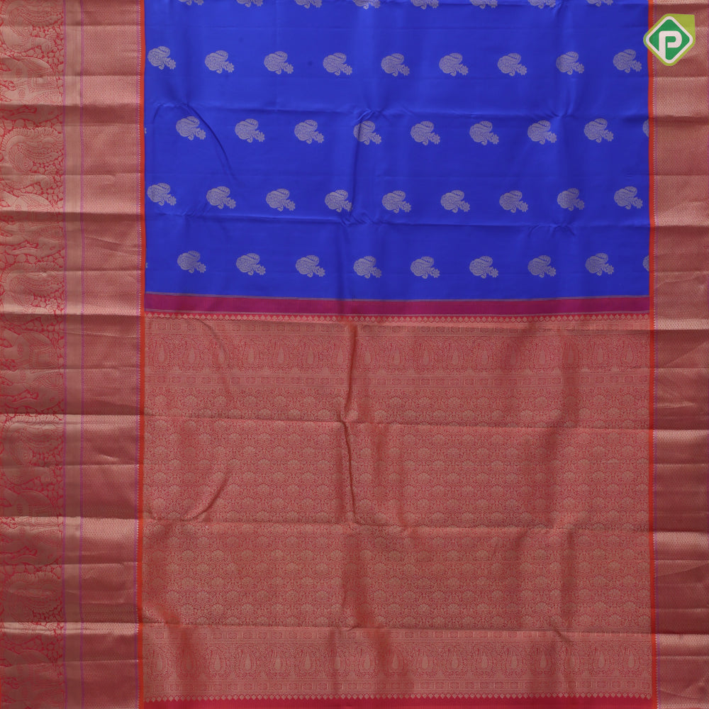 Navy blue gold zari fancy butta design orange with silver gold zari high border traditional silk saree