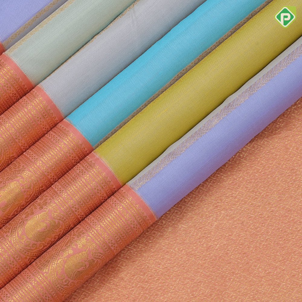 Multi color gold zari self designed stripes baby pink gold zari elephant butta design border Kora silk saree