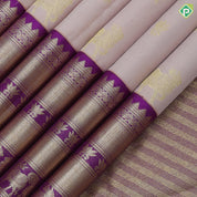 Peach gold zari cow and flower butta design purple gold zari cow flower zig zag design border pure silk saree
