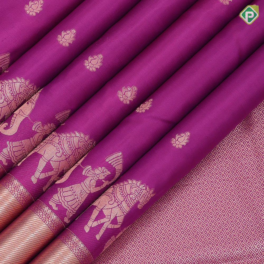 Teal blue copper zari small fancy butta design self copper zari cross lines yaanai ambari border silk saree