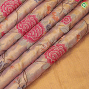 Lavender base gold zari with silk thread floral embroidered design plain gold zari zig zag border embroidery silk saree
