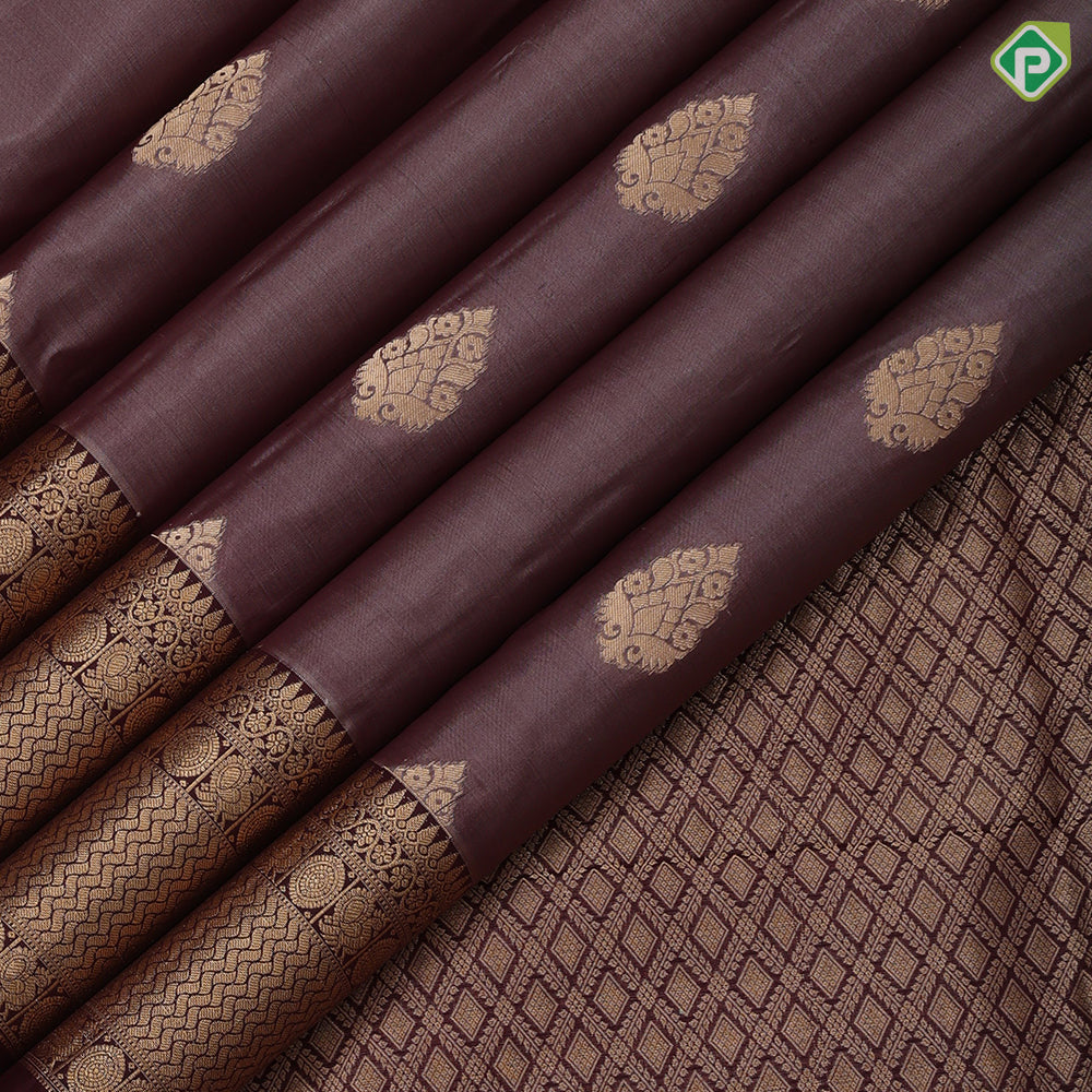 Taupe Gold Zari Thilagam Butta Design Coffee Brown Peacock Chagara Border Design Traditional Silk Saree