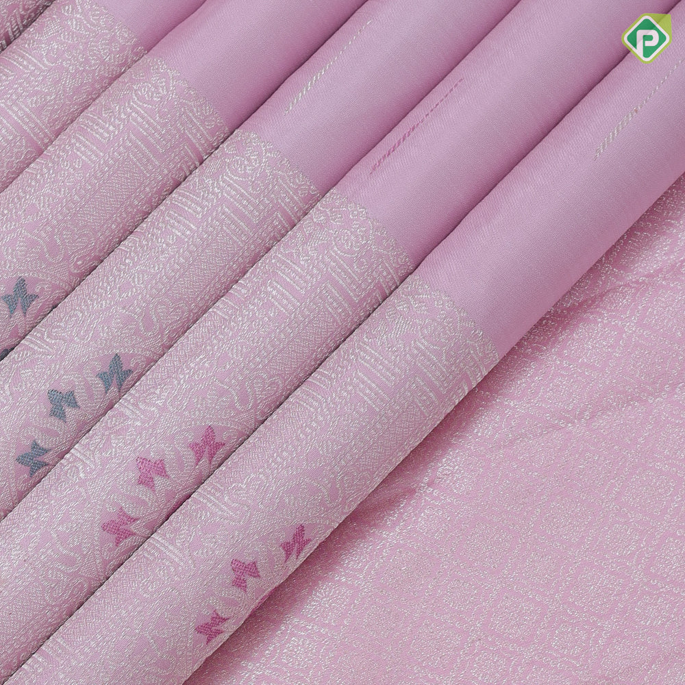 Pale pink and multi color zari rain drop design self silver zari mid meena work geomatical design border trendy designer silk saree