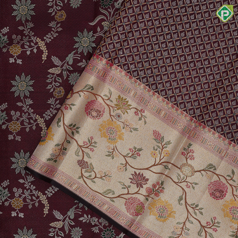 Maroon brown silver gold zari meena work self goldish paithani border artistic grand avatar effect exclusive bridal silk saree