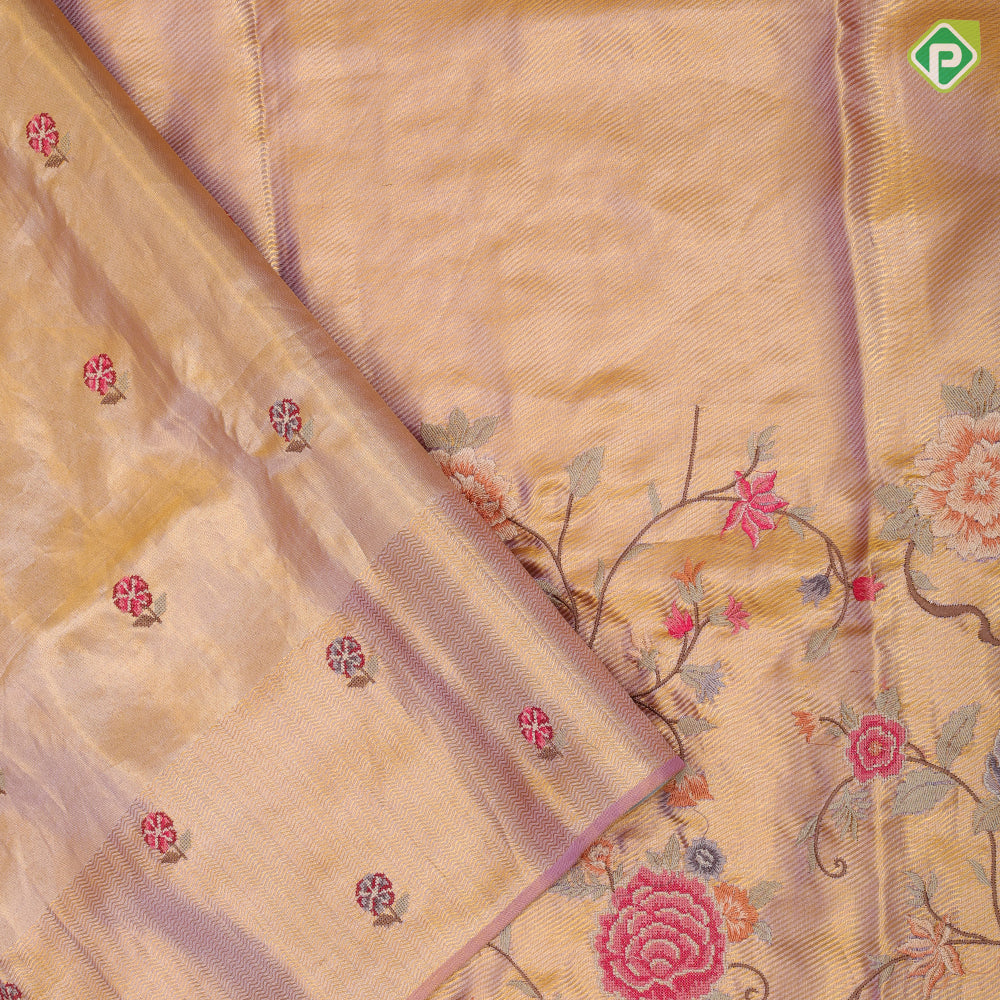 Lavender base gold zari with silk thread floral embroidered design plain gold zari zig zag border embroidery silk saree