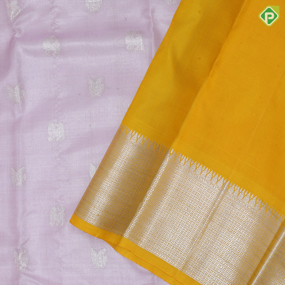 Cherry Blossom Pink Silver Zari Peacock Design Lemon Yellow Thilagam Border Design Tissue Silk Saree