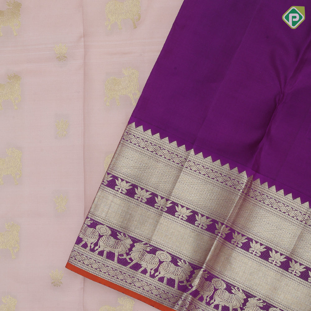 Peach gold zari cow and flower butta design purple gold zari cow flower zig zag design border pure silk saree