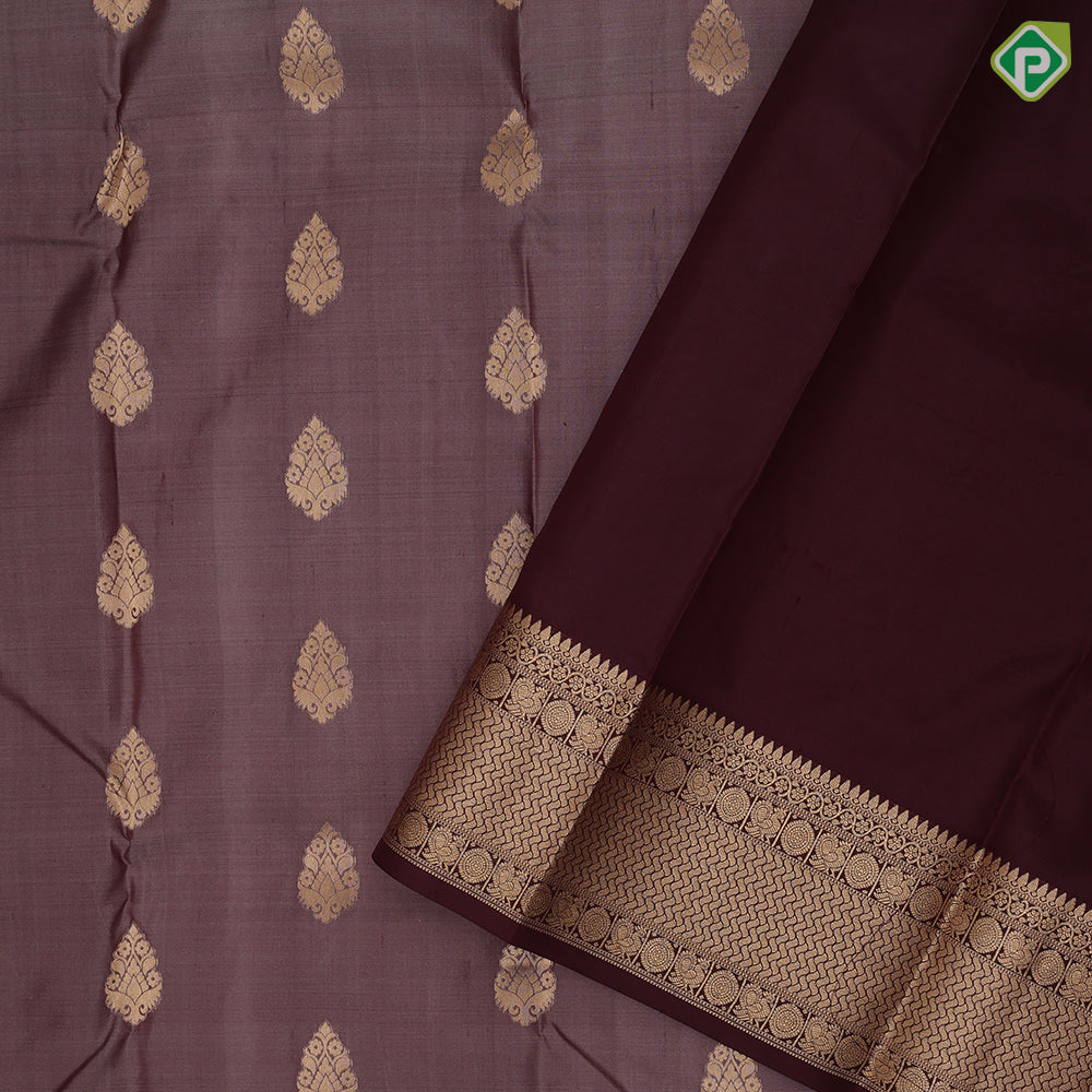 Taupe Gold Zari Thilagam Butta Design Coffee Brown Peacock Chagara Border Design Traditional Silk Saree