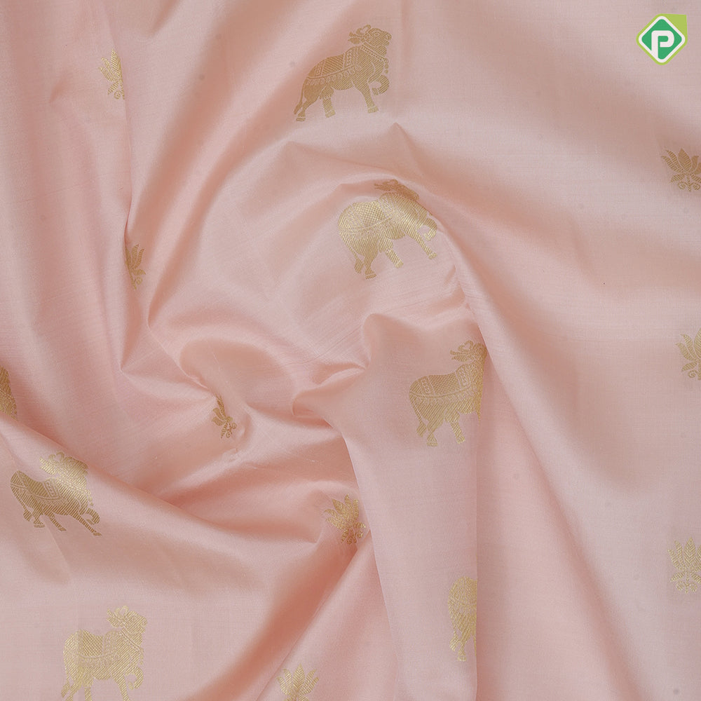 Peach gold zari cow and flower butta design purple gold zari cow flower zig zag design border pure silk saree