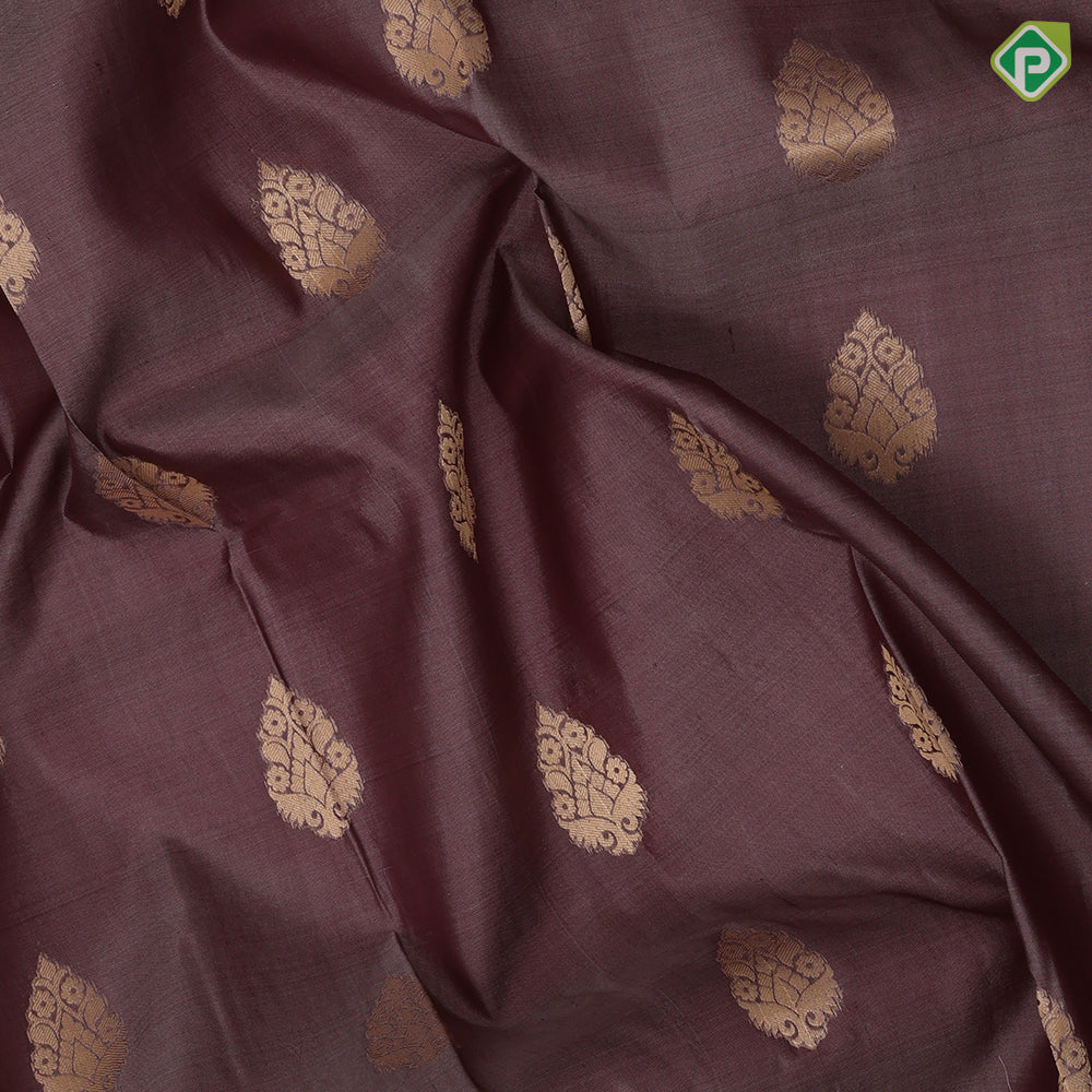 Taupe Gold Zari Thilagam Butta Design Coffee Brown Peacock Chagara Border Design Traditional Silk Saree