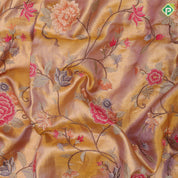 Lavender base gold zari with silk thread floral embroidered design plain gold zari zig zag border embroidery silk saree