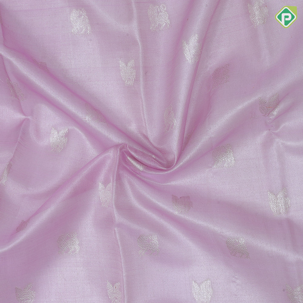 Cherry Blossom Pink Silver Zari Peacock Design Lemon Yellow Thilagam Border Design Tissue Silk Saree