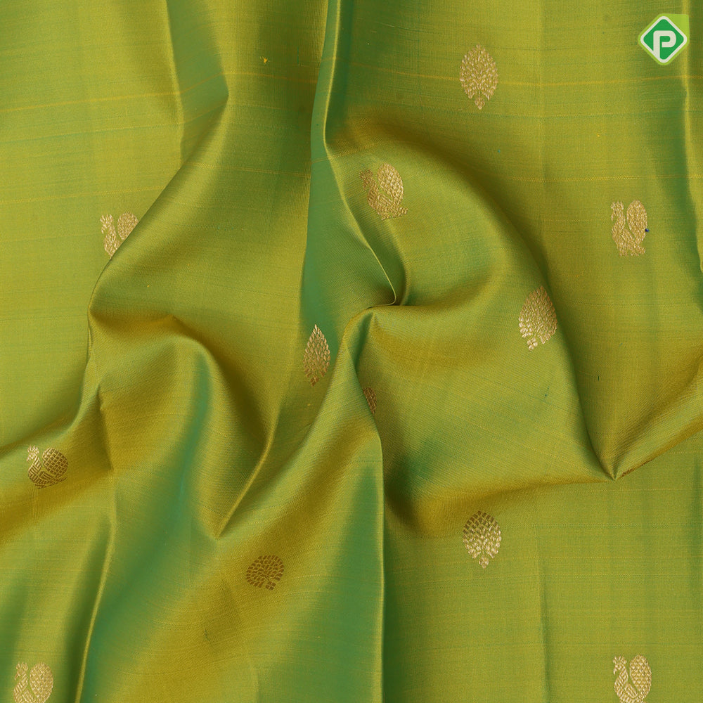 Parrot Green Gold Zari Peacock Chagaram Butta Design Rexsona Green Ruthracham Border Design Pure Mix Silk Saree