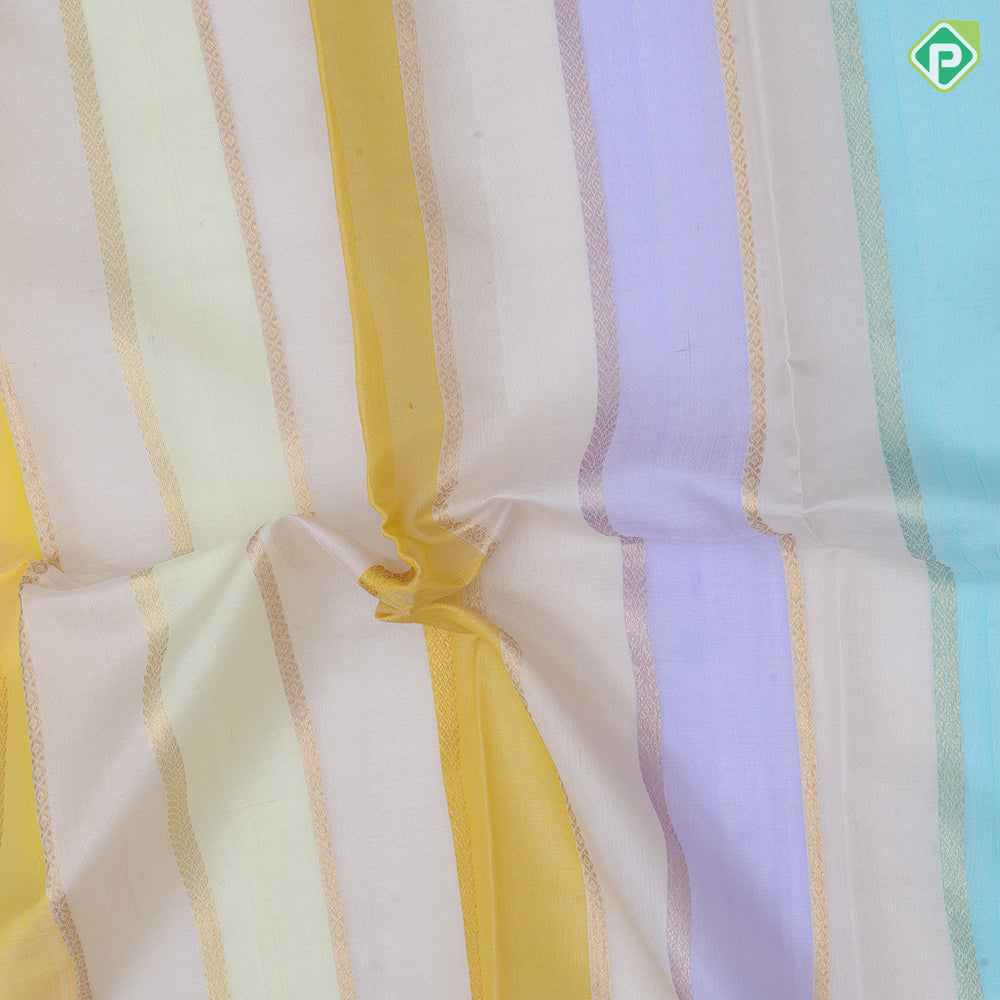 Multi color gold zari self designed stripes baby pink gold zari elephant butta design border Kora silk saree
