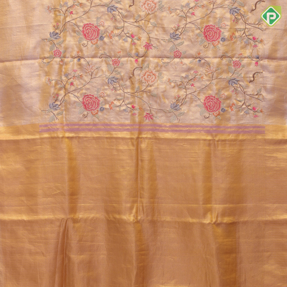 Lavender base gold zari with silk thread floral embroidered design plain gold zari zig zag border embroidery silk saree